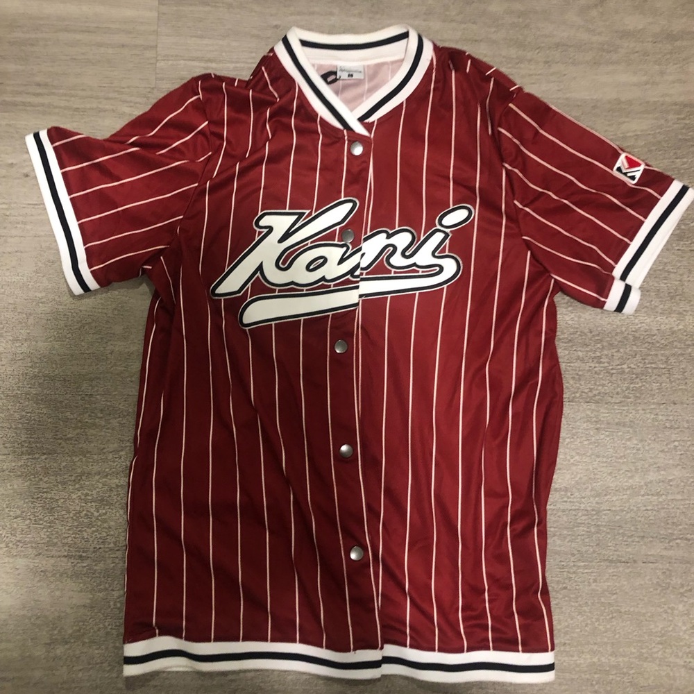 New Karl Kani Varsity Pinstripe Baseball Shirt, Short Sleeve L